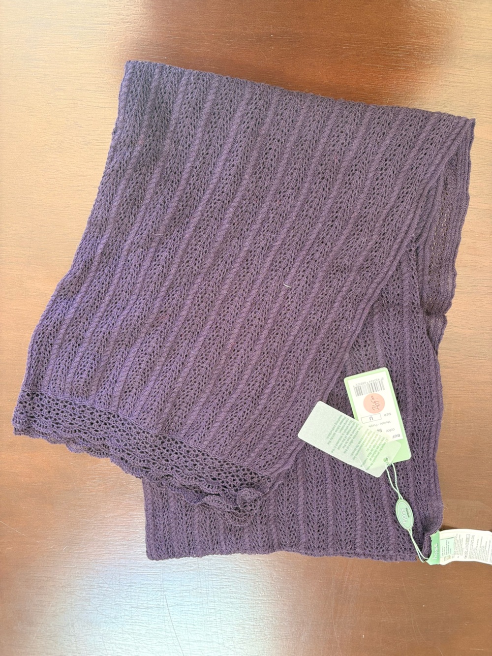 Wool Lace-Trim Knit Scarf in Deep Purple